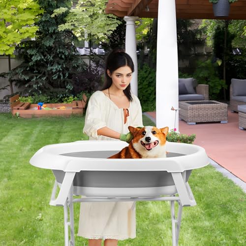 kamulouk 2 In 1 Hunderbadewanne Hundewaschstation, Faltbarbare Badewanne für Hautiere Zum Baden und Pflegen, Hundedusche für Kleeine Hunde Katzen Haustiere, Drinnen und Draußen Grau