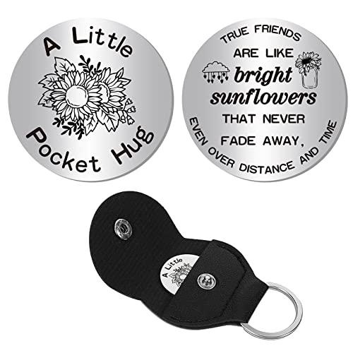 CREATCABIN Sunflower Pocket Hug Token True Friends Keepsake Stainless Steel Double Sided Think of You Gifts with PU Leather Keychain for Friends Birthdays Friendship Long Distance Gifts 1.2 x 1.2 Inch