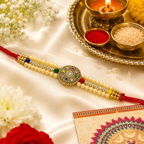 Image of Canton Rakhi Gift Hamper For Brother, Set of 1 Bracelet Rakhi For Brother | Rakhi With Chocolate Gift For Brother | Premium Rakhi With Roli, Tilak & Greeting Card (Design-1)