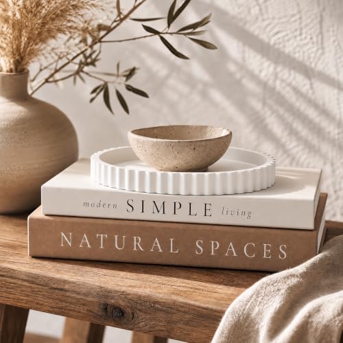 SINZHU Decorative Book Box and Scalloped Tray Set - 3-Piece Aesthetic Coffee Table Decor, 2 Faux Books for Hidden Storage & Keepsake, Modern Home Styling for Living Room & Bookshelf (Brown and White)