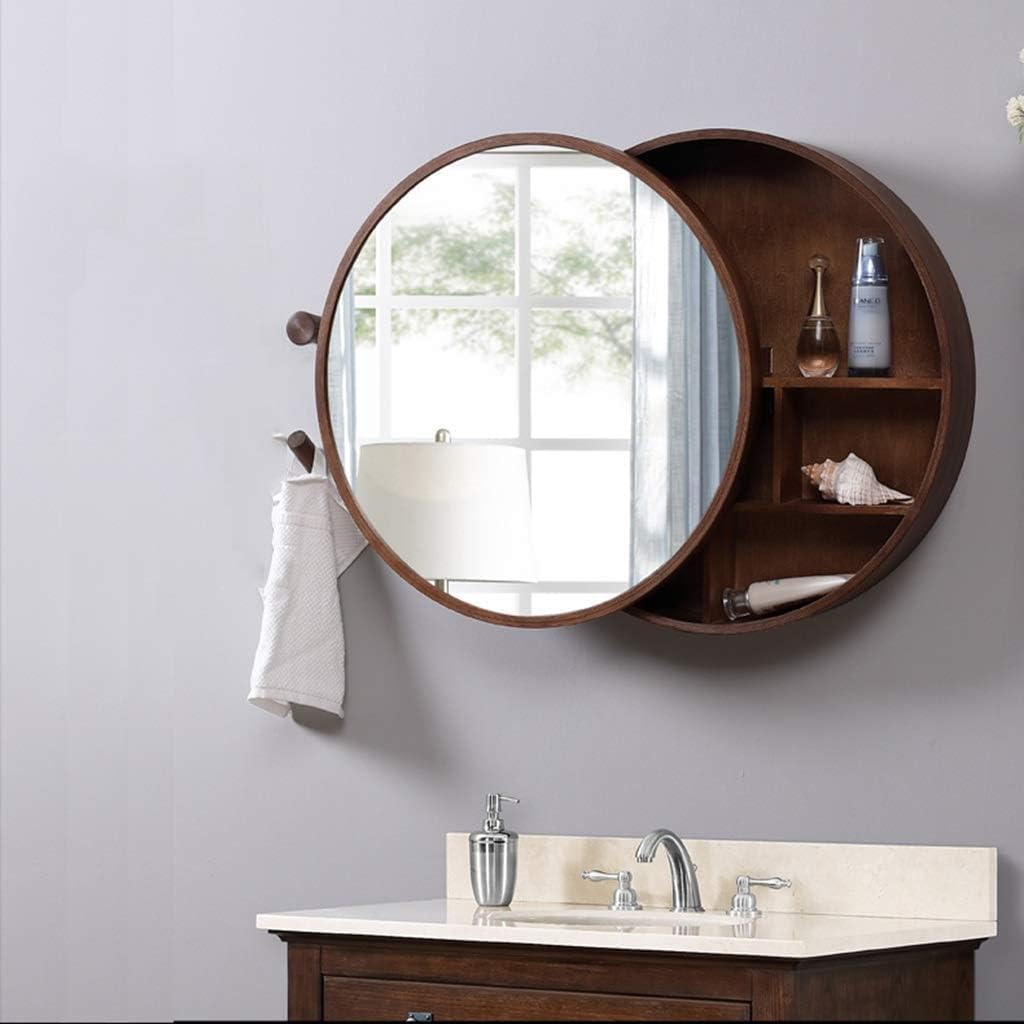 Round Bathroom Creative Sliding Bathroom Mirror with Storage Shelf Vanity Table Storage Rack 19.6" Wall Mounted Bath Mirror, Brown, 50cm