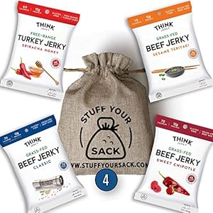 Beef Jerky Gift for Men by Stuff Your Sack – Think Jerky Variety Pack with Large 2.2 Ounce Bags and Burlap Gift Sack (4 Pack)