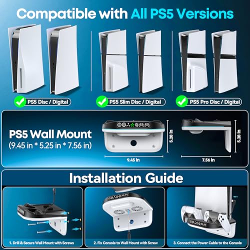 Image of P S5 Wall Mount Kit with Cooling Fan and Charging Station Compatible with PS5 / Slim / Pro Disc and Digital, PS Five Floating Shelf with 9 RGB Lights, PS 5 Mount Behind TV, P5 Accessories for Gaming, Black and White