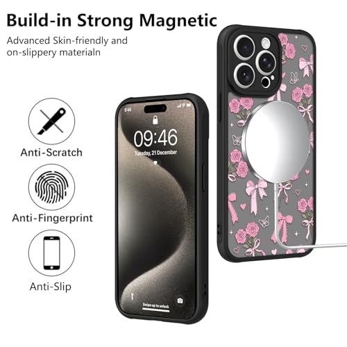 Image of KANGHAR Case for iPhone 15 Pro Bows Bouquet Pattern | [Compatible with Magsafe] Cute Flowers Florals Protective Magnetic Case for Girls Women Men