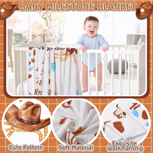 Image of Cowboy Baby Boy Milestone Blanket Western Theme Cow Print Baby Growth Chart Blanket for Boy Newborn My First Rodeo Birthday Party Supplies