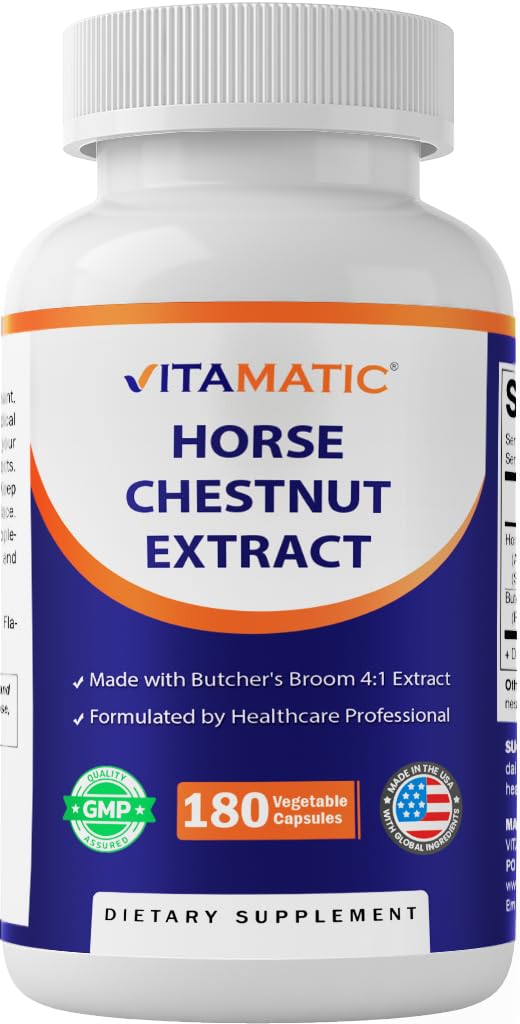 Vitamatic Horse Chestnut Extract 700 mg (Standardized 20% Aescin) with Butcher’s Broom 4:1 Extract 300 mg 180 Capsules, Circulation & Vein Support, Non-GMO, Gluten Free, Made in USA