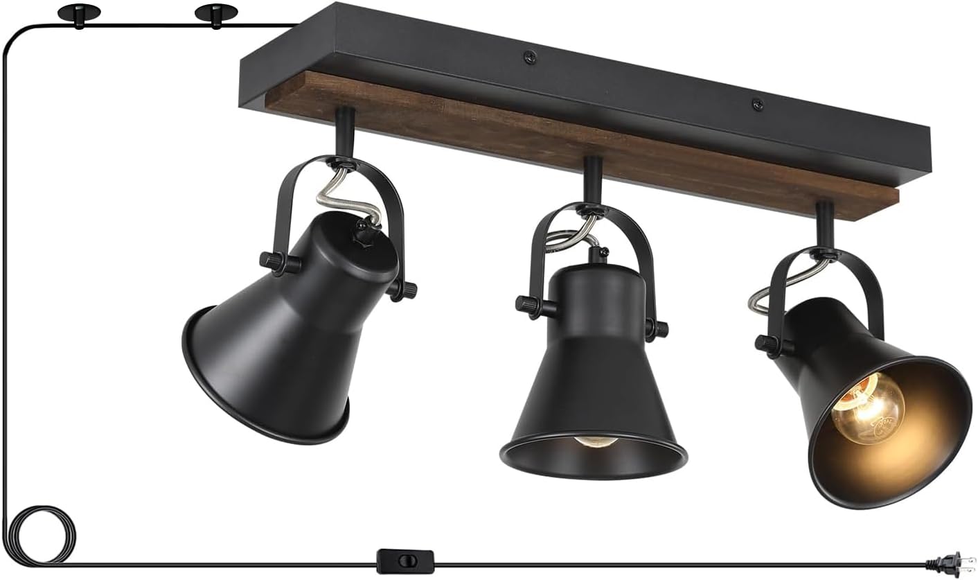 KEESFU 3-Light Plug in Track Lighting Kit,Black Semi Flush Mount Ceiling Light with 3 Rotatable Light Heads,Modern Farmhouse Lighting for Livingroom,Bedroom,Hallway,Art Wall,Bathroom,Kitchen.