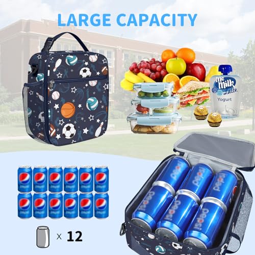 Clastyle Sport Insulated Kids Lunch Bag Large Thermal Cooler Bag for Boys Picnic School Toddler Lunch Box Tote,Ball - Image 3