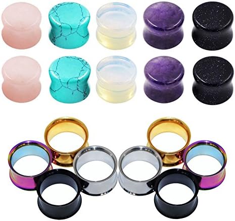 Qmcandy18pcs or 8pcs 8g-5/8 in Organic Stone & Stainless Steel Mixed Ear Tunnels Stretching Plugs Piercing