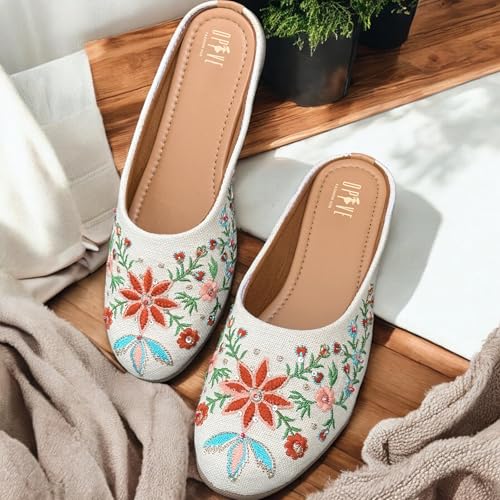 Image of OPIVE's Mehandi Women's Mojari Jutti Ethnic Punjabi Juttis Traditional Flat Embroidered Canvas Fancy Bellies Comfortable Sole for Womens & Girls