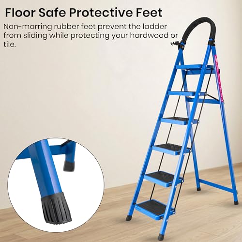 Image of Casa Copenhagen Blue 6 Step Ladder for Home Use with Built-in Tool Tray | Heavy Duty D Shape Rods | Ultra Large Platform | Wide Rubber Feet | 150Kg Capacity Foldable Ladder - 7 Years Warranty