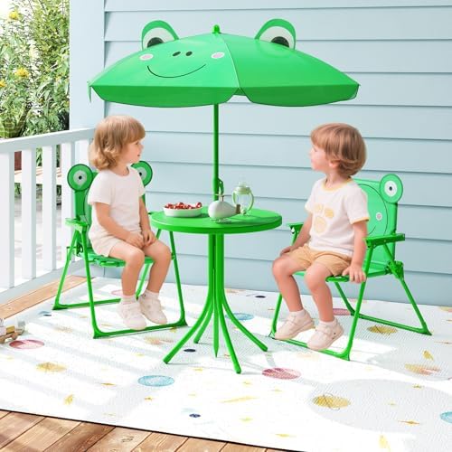 GLACER Kids Picnic Table, Outdoor Activity Table with Removable Sun Umbrella & 2 Folding Chairs, Portable Toddler Outdoor Furniture for Patio Garden Backyard, Light Green