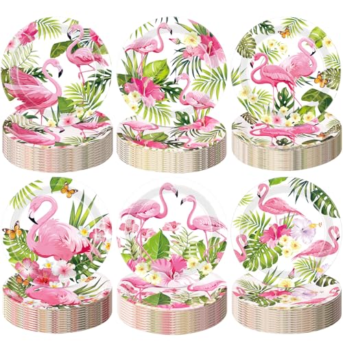 Gerrii 60 Pcs Tropical Flamingo Party Plates 7 Inch Hawaiian Themed Disposable Paper Plates Summer Flamingo Decorative Dessert Dinner Favor for Summer Beach Birthday Baby Shower Party Holiday Supplies