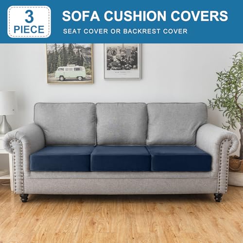 Image of Couch Cover Stretch Velvet Sofa Cushion Cover 3-Piece - Elastic Washable Slipcover for Seat /Backrest, Couch Seat Covers for Sofas (Berlin Blue)