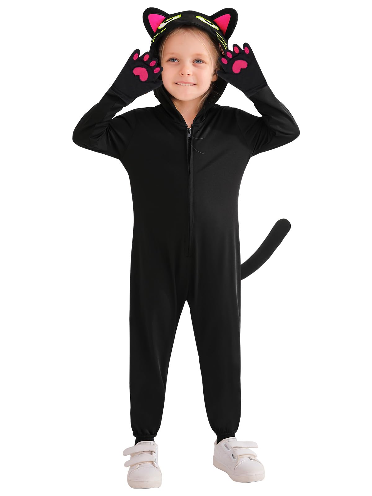 ESHOO Cat Costumes for Girls Kids Halloween Costumes Black Cat Costume Hooded Jumpsuit with Cat Ears Tail Unisex Kids Cat Fancy Dress Theme Party for 3-12 Years