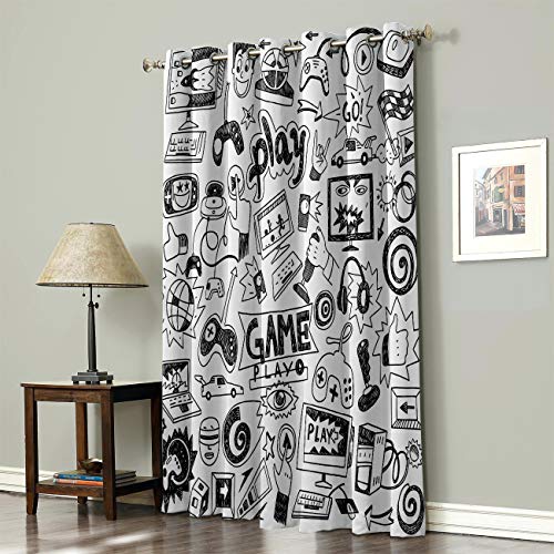 Warm Tour Teens Window Curtain Panel Video Games 90'S Style Printing Decor Durable Drapes For Boy's Bedroom Kitchen Living Room Monochrome Sketch Gaming Design #TOP4