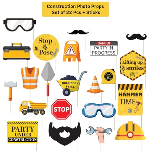 Image of Party Propz Construction Theme Photo Booth Props - 22 Pcs + Sticks,Party Props for Adults & Birthday Props for Kids,Photo Booth Props for Party, Birthday Props for Adults (Cardstock)