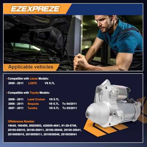 Image of Ezexpreze 19045N New Starter for Lexus LX570 2008-2011, Toyota Land Cruiser, 2008-2011 Sequoia, 2007-2011 Tundra, V8 5.7L,28100-0S010