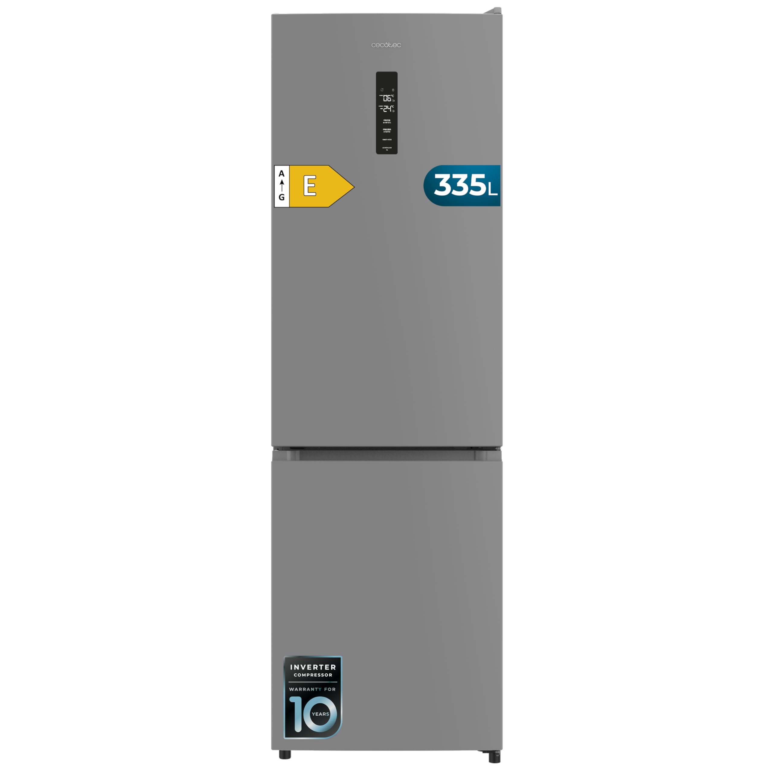 Cecotec Frigorifero Combinato 335L No Frost Bolero CoolMarket Combi 335 Grey E. Altezza 195,3cmx59,5cm Larghezza, Compressore Inverter Plus, Basso Consumo, Ripiani Vetro, Controllo Umidità, Grigio