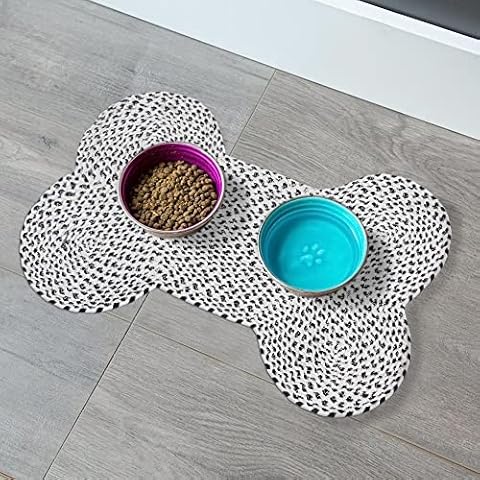 The Home Talk Pet Mat for Dogs & Cats, Pet Friendly Area Rugs, Hand Braided Mat, Anti-Spill Floor Mat Perfect Doormat for Your Pet, Polyester Material, 16 x 24 Inches, Bone Design – White Cover
