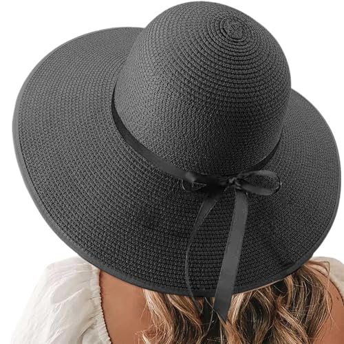 Generisch Sombreros de paja para hombre sombreros de playa para mujer, sombrero de paja grande de ala ancha, sombrero de verano, plegable, para enrollar, sombrero para el sol, talla 55, Negro , talla