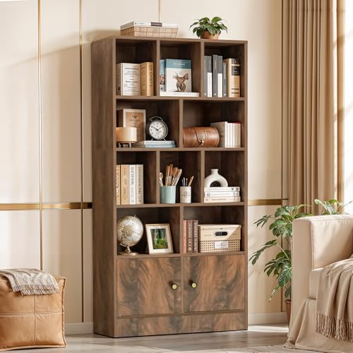 Image of ABOUT SPACE Tall Book Shelf for Home - 10 Shelves with Bottom Closed Compartment Engineered Wood Book Rack for Study Room Book Organizer Stand for Library, Living Room(L80 x B30.5 x H181.5cm -Walnut)