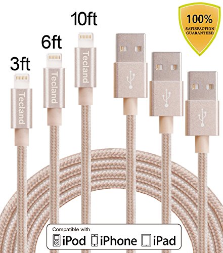 Tecland 3Pack 3FT 6FT 10FT Lightning Cable Nylon Braided Lightning to USB Charging Cord Charger for iPhone 6s,6, 6plus,6s plus, iPhone 5s 5 5c SE, iPad & iPod (gold)