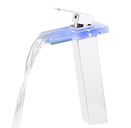 Rzoeox Tall Bathroom Vessel Sink Faucet, LED Bathroom Faucet 3 Color Changing, Waterfall Bathroom Faucet with Open Glass Spout, Single Handle 1 Hole and 2 Water Supply Lines, Chrome