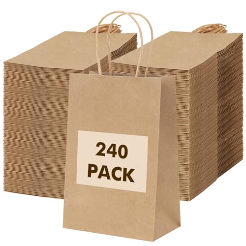 OUTUXED 240pcs Small Paper Bags with Handles 5.25x3.2x8 Inches Brown Kraft Gift Bags Bulk for Christmas Shopping Birthday Wedding and Business Party
