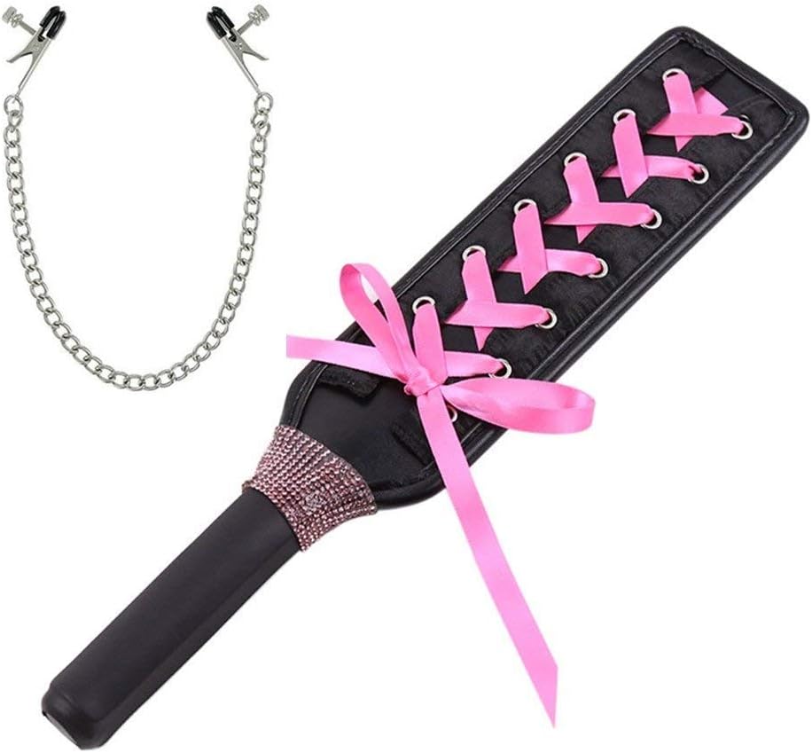 waterlan Black Spanking Paddle Leather Crop with Pink Ribbon Bow and Silver Chain Clothing Accessory Fancy Dress UP Cosplay HENS Night Party