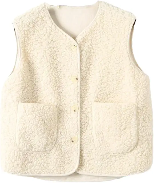 Gilet Mouton Sans Manche Femme Automne Hiver en Laine Peau de Mouton et Faux Cuir