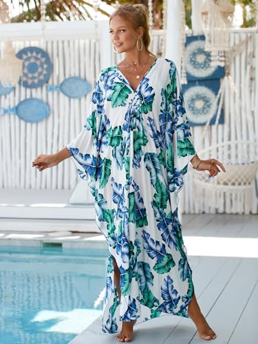 Image of IMAGEKOPE Women's Plus Size Animal Print V-Neck Batwing Kaftan Beach Dress Bathing Suit Cover-Up Loungewear