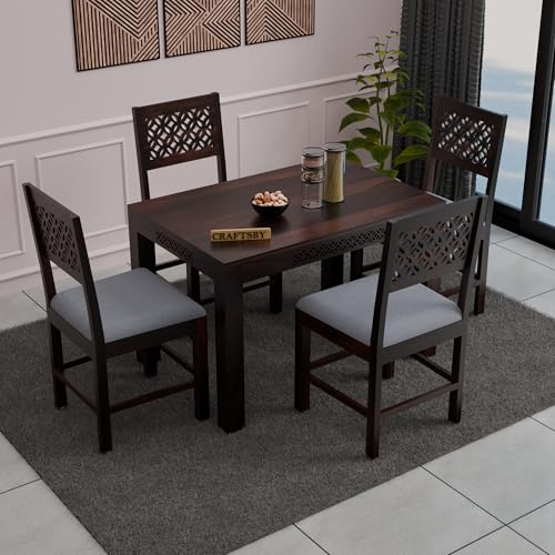 Image of 45 Inch Length Solid Sheesham Wood 4 Seater Dining Table Set | Four Seater Dinner Table with 4 Cushions Chairs | Dinning Table Set 4 Seater for Living Room | Walnut Finish