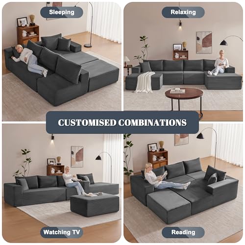 Image of Mangodan 140 inch Cloud Sectional Couch, Boneless Sofa for Living Room, Modular Sectional Sofa with Deep Seat, Comfy Fluffy U-Shaped Couch with Right-Facing Chaise, No Assembly Required, Grey