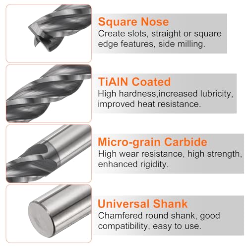 Image of HARFINGTON Carbide Square Nose End Mill Bit 1 /4 inch Cut Dia 4 Flutes TiAlN Coated Milling Cutter for Hardened Steel Metal (1 /4 inch Shank 1 inch Cut Length 3 inch Long 30 Degree Helix)
