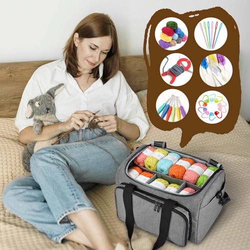 Image of Knitting Bag, Large Capacity Yarn Storage Organizer Tote Bag with Compartments and Pockets for Knitting Needles, Crochet Hooks, Knitting Project and Accessories, Bag Only, Grey