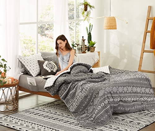 Geniospin Queen Comforter Set Grey 8 Piece, Boho Queen Reversible Folkloric Art Pattern, All Season Comfortable Aztec Bedding Set (90X90 Inches) #TOP2