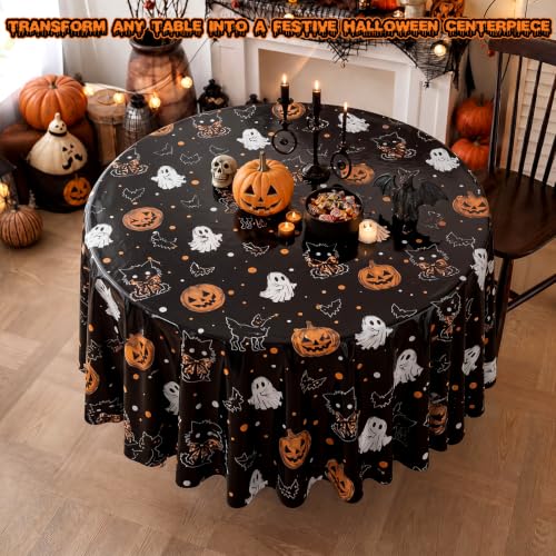 Image of Ganeen 6Pcs Halloween Plastic Tablecloths Pumpkin Black Cat Ghost Disposable Table Cover Halloween Party Decorations 84 Inch Plastic Round Table Covers Ghost Tablecloths Bulk for Baby Shower Party