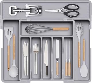 Drawer Cutlery Racks, Cutlery Racks, Expandable Drawer Utensil Tray, Compact Plastic Storage for Cutlery for Kitchen, Cutlery, Spoons (Grey)