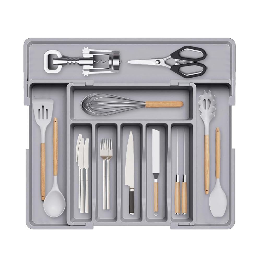 Erweiterbarer Besteckkasten für Schubladen, Schubladen Organizer, Besteckkasten für Schubladen, Verstellbarer Schubladeneinsatz Besteckeinsatz, Küchen Organizer, für Löffel/Gabeln (Grau)