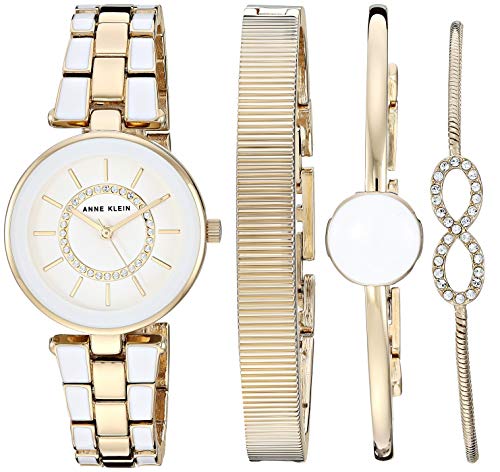 Anne Klein Women's AK/3286WTST Premium Crystal Accented Gold-Tone and White Watch and Bracelet Set