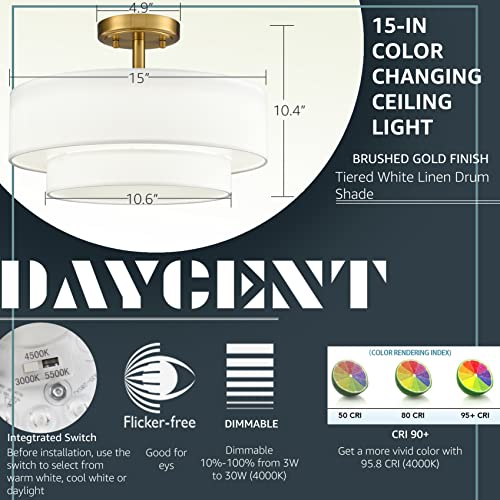 Image of DAYCENT Modern Gold LED Ceiling Light with Linen Drum Shade