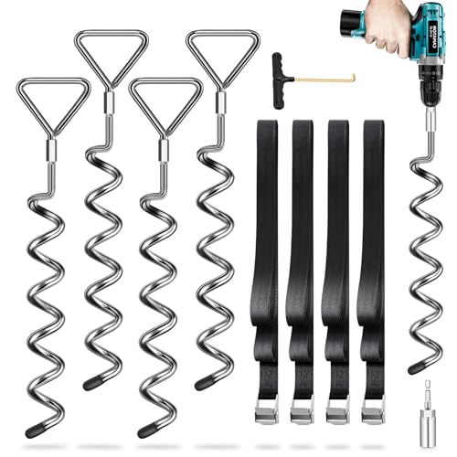 Lot de 4 piquets d'ancrage au Sol pour Trampoline – Ancrage au Sol avec 4 Sangles (Longueur 2,5 m) – Les piquets Heavy Duty résistent au Vent élevé, idéal pour...