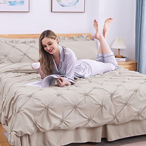 JOLLYVOGUE Beige Cal King Size Comforter Sets 7 Pieces, Pintuck Bed in a Bag Comforter Set for Bedroom, Bedding Comforter Sets with Comforter, Sheets,Ruffled Shams & Pillowcases