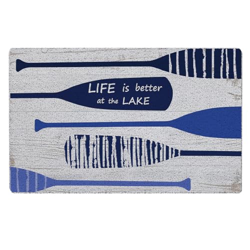 Qabliqo Lake House Decor Door Mat - Lake Welcome Mats Outdoor Entrance, Lake Decor, Lake House Decor for The Home, Lake Decor Bath Mat, Life is Better at The Lake, 17x30 Inch Blue and White