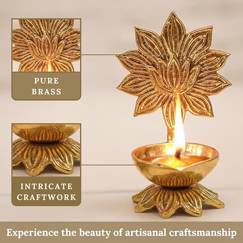 Image of Behoma 100% Pure Brass Lotus Diya Set of 2 for Puja | Traditional Handcrafted Brass Oil Lamp Diya for Home, Temple, Office, Pooja Room Decoration, Festive Rituals & Housewarming Gift Item