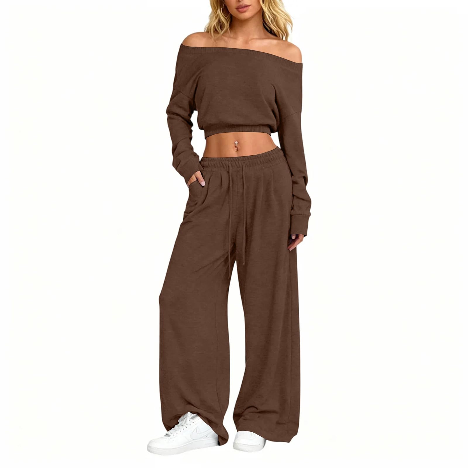 Atuendo Mujer Sportiva Básico Invierno Cintura Alta Manga Larga Fresco Adaptar Color Sólido Fuera del Hombro