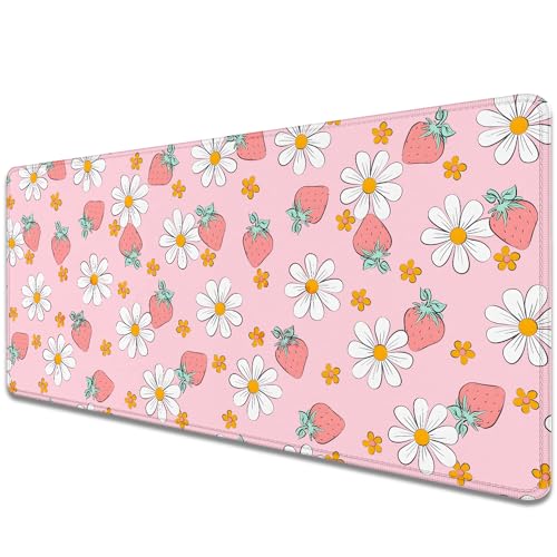 Image of Strawberry Mouse Pad Desk Mat,Pink Large Large Gaming Mouse Mat with Stitched Edges,Non-Slip Waterproof Rubber Base Mouse Mat for Office Computer Keyboard Laptop Home(27.5X11.8 in)