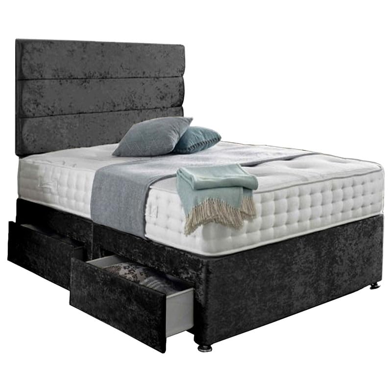 SANA SLEEP Stylish Premium Fabric Divan Bed Set With Open Coil Memory Foam Mattress, No Storage and Matching Headboard 4FT Small Double - Crushed Velvet Black