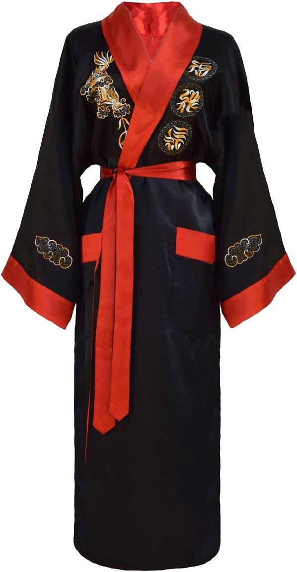 Vestaglia da Notte con Kimono Giapponese Ricamato Reversibile da Donna, Black/Red, S